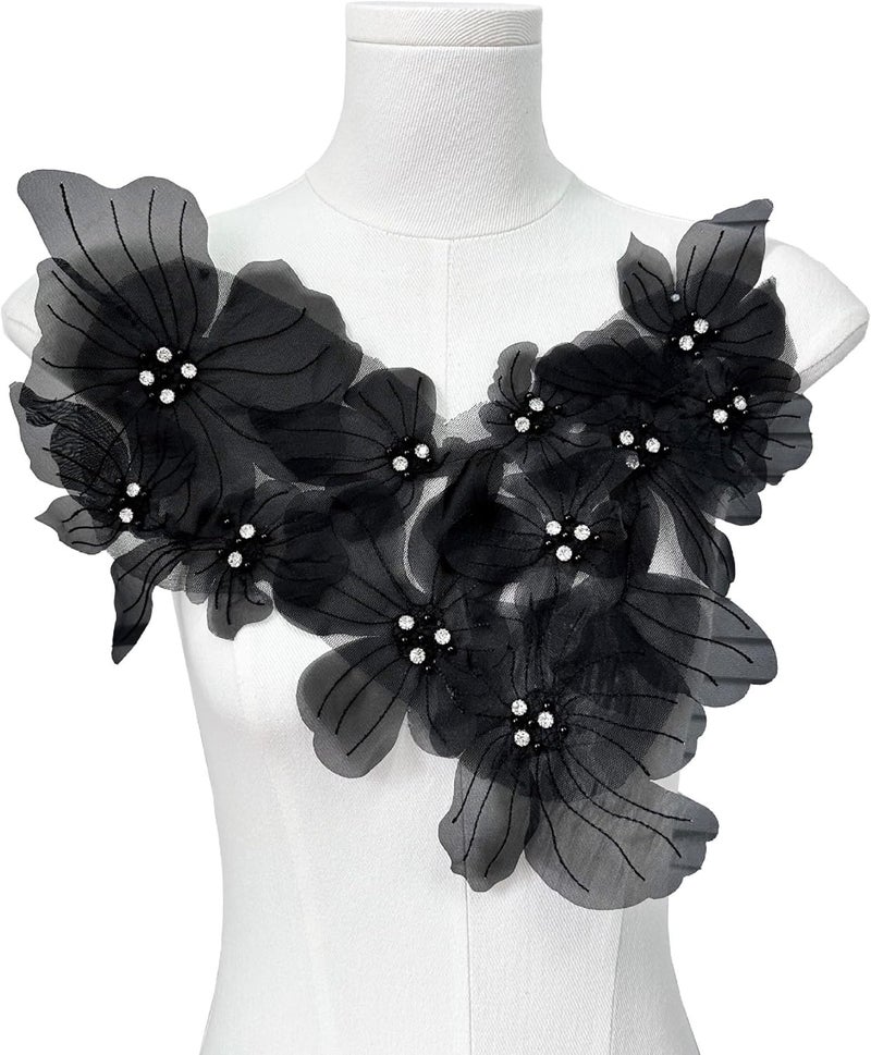 JRYYR Flower Lace Appliques, 3D Embroidery Patches for Dresses, Flower Appliques for Clothing, Bags, Jewelry DIY Crafts (Black-2) - Image 1